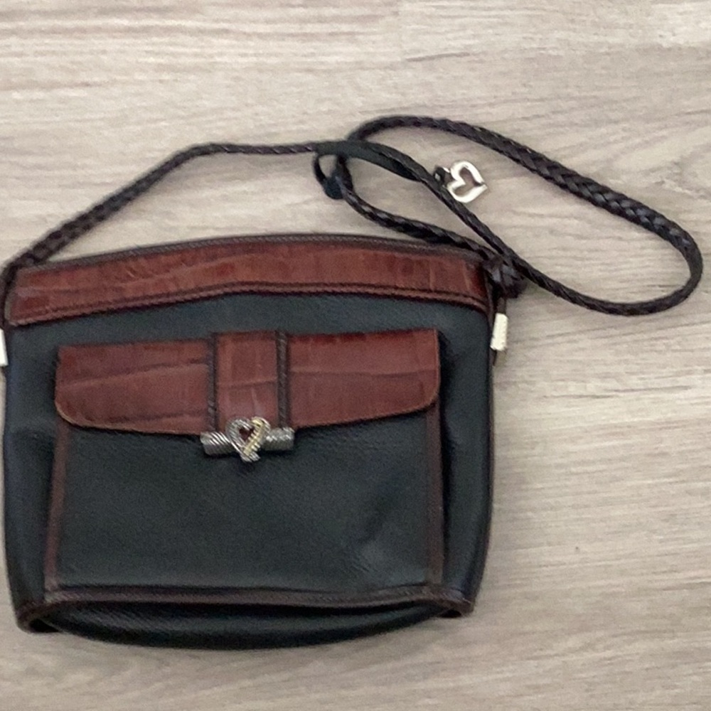 Brighton Black and Brown Leather Crossbody with Heart Charm